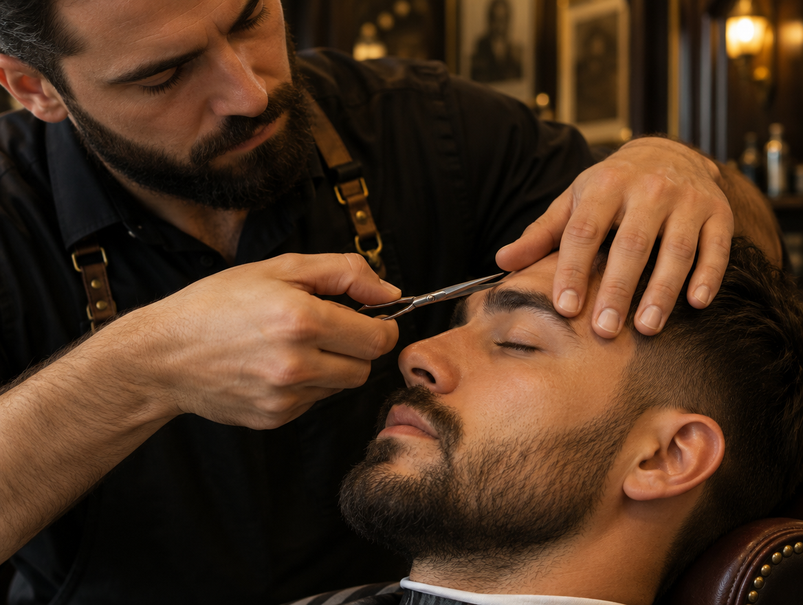 Barbeiro alinhando a sobrancelha de um cliente