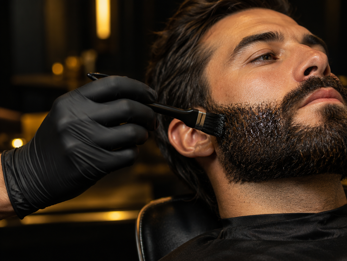 Barbeiro aplicando pigmentação na barba de um cliente