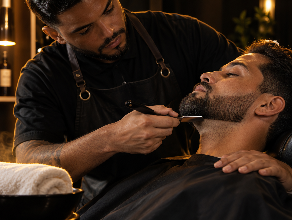 Barbeiro aparando a barba de um cliente com navalha