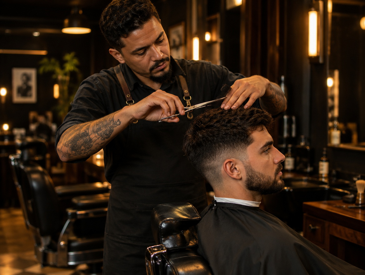 Barbeiro cortando o cabelo de um cliente sentado em cadeira de couro
