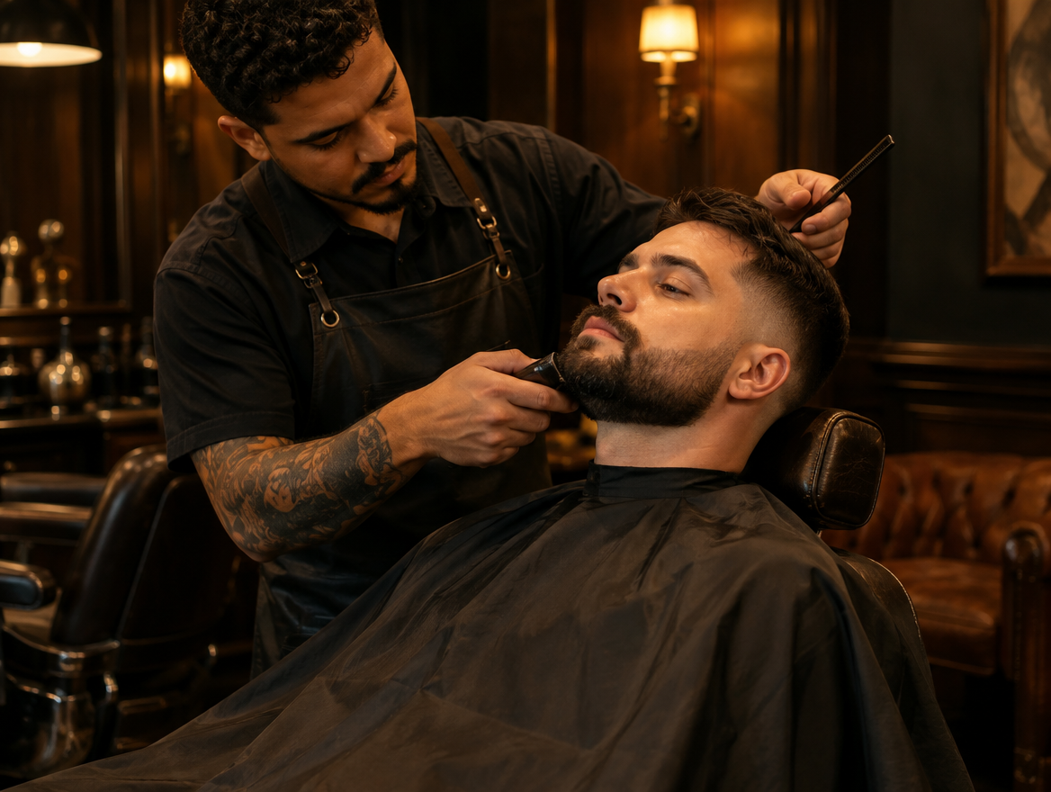 Barbeiro finalizando o corte e a barba de um cliente diante do espelho