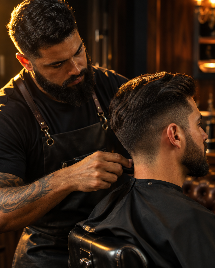 Barbeiro finalizando um corte de cabelo masculino clássico em barbearia escura com luz dourada